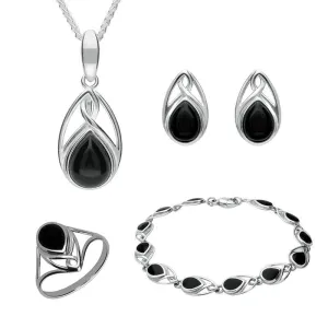 Sterling Silver Whitby Jet Pear Shaped Celtic Four Piece Set