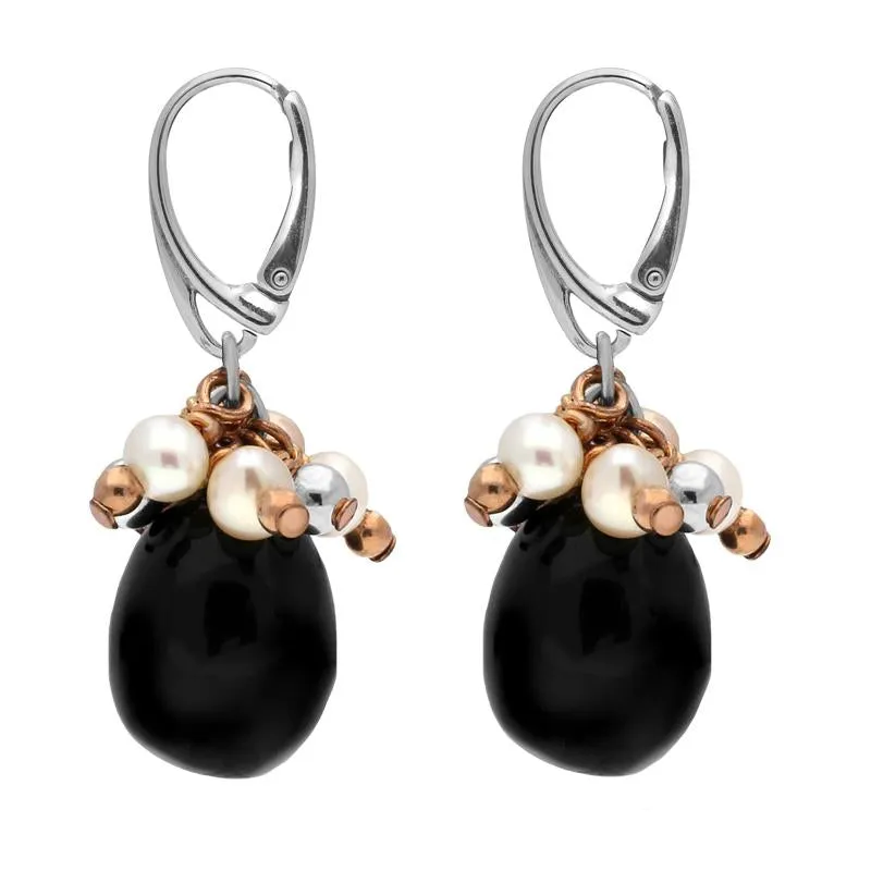 Sterling Silver Whitby Jet Pearl Bead Drop Earrings