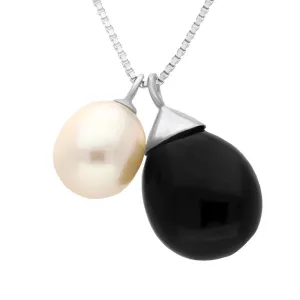Sterling Silver Whitby Jet Pearl Double Drop Necklace D