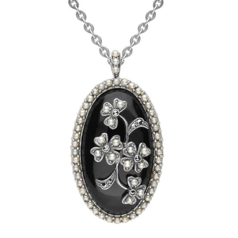 Sterling Silver Whitby Jet Pearl Large Oval Flower Brooch Necklace
