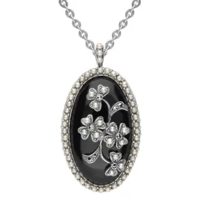 Sterling Silver Whitby Jet Pearl Large Oval Flower Brooch Necklace