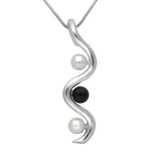 Sterling Silver Whitby Jet Pearl Three Stone Swirl Necklace