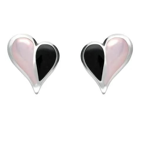 Sterling Silver Whitby Jet Pink Mother of Pearl Split Heart Stud Earrings