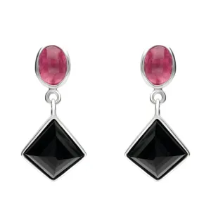 Sterling Silver Whitby Jet Pink Tourmaline Faceted Square and Oval Unique Drop Earrings
