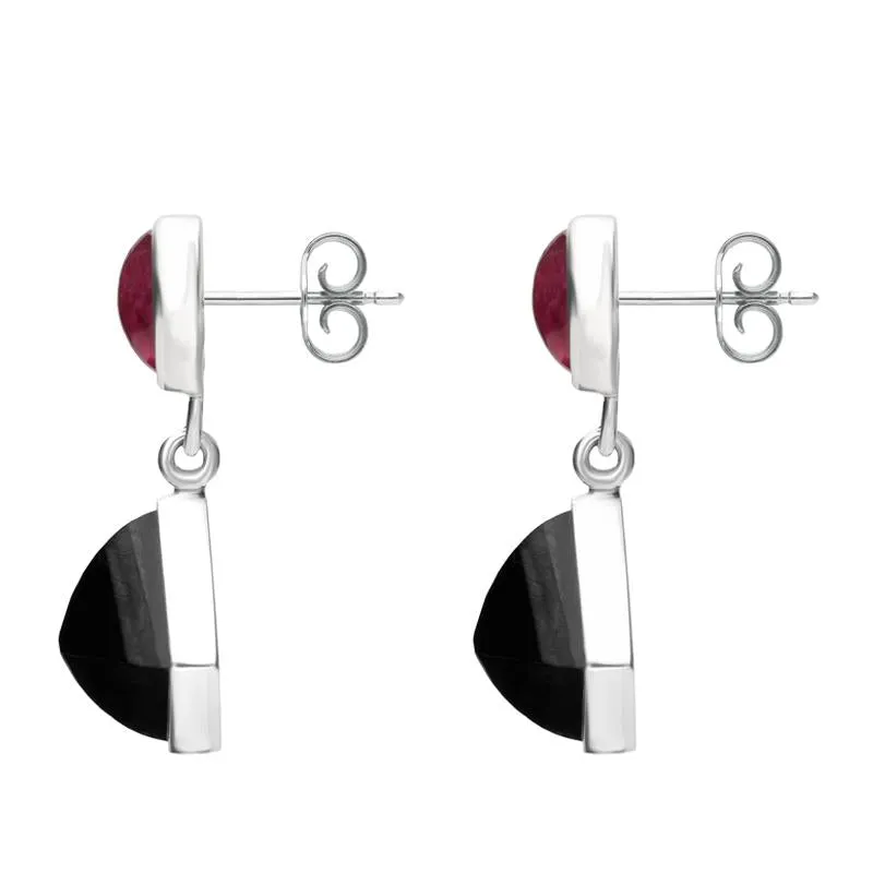 Sterling Silver Whitby Jet Pink Tourmaline Faceted Square and Oval Unique Drop Earrings
