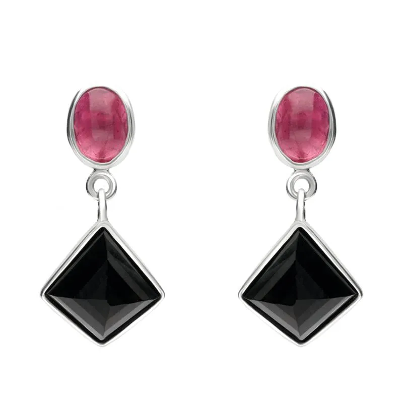 Sterling Silver Whitby Jet Pink Tourmaline Faceted Square and Oval Unique Drop Earrings