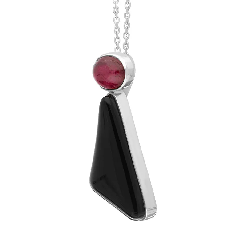 Sterling Silver Whitby Jet Pink Tourmaline Triangle Two Stone Necklace