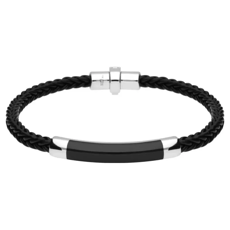 Sterling Silver Whitby Jet Plaited Leather Bar Bracelet
