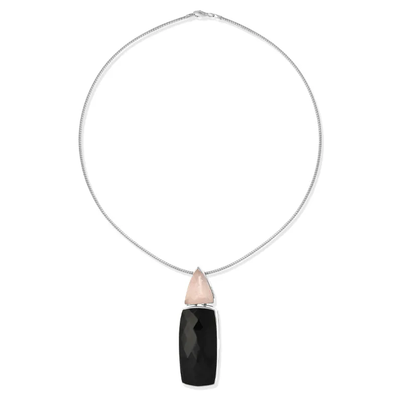 Sterling Silver Whitby Jet Rose Quartz Necklace D