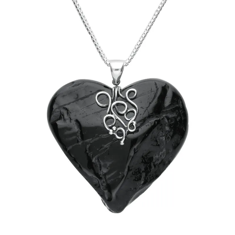 Sterling Silver Whitby Jet Rough Cut Heart Swirl Centre Necklace PUNQ0005560