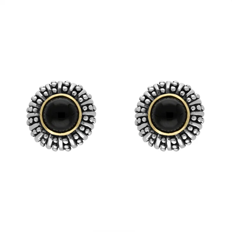 Sterling Silver Whitby Jet Round Beaded Edge Omega Clip Earrings D