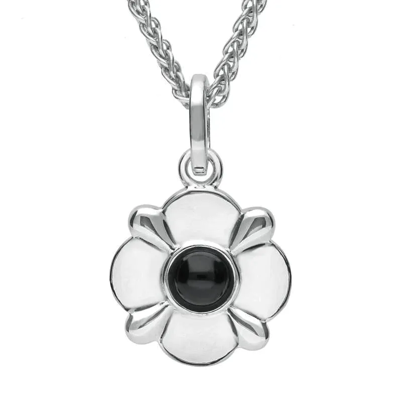 Sterling Silver Whitby Jet Round Four Petal Flower Two Piece Set