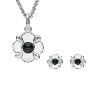 Sterling Silver Whitby Jet Round Four Petal Flower Two Piece Set