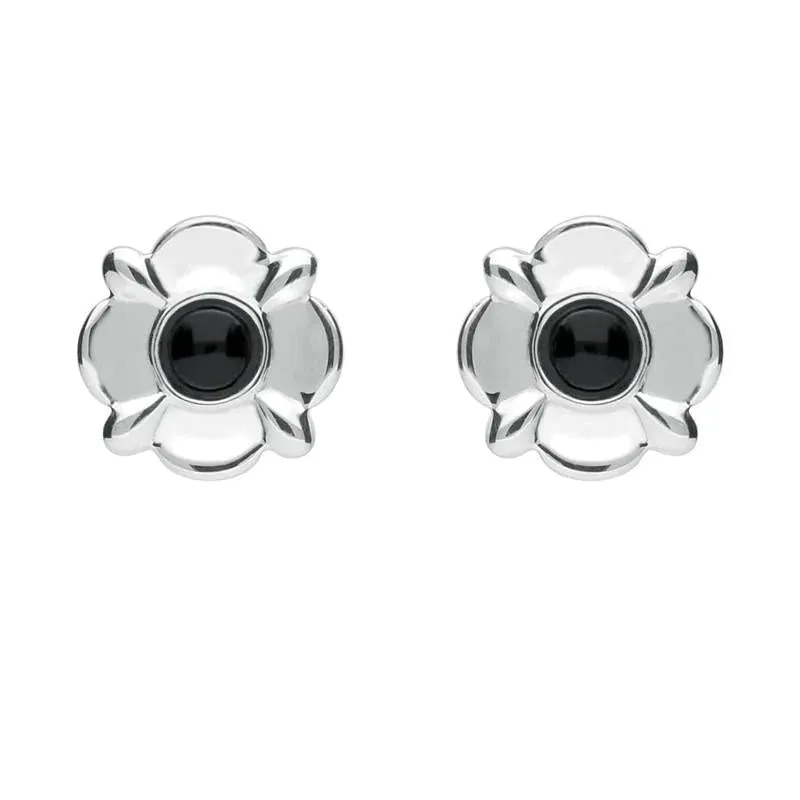 Sterling Silver Whitby Jet Round Four Petal Flower Two Piece Set