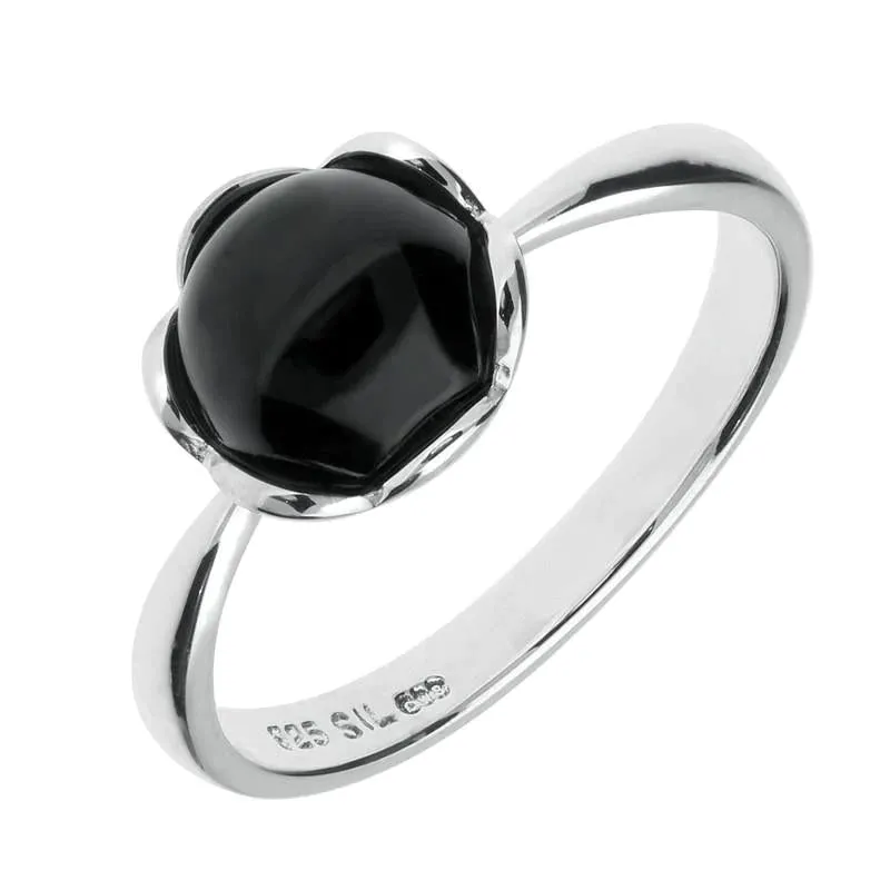 Sterling Silver Whitby Jet Round Ridged Edge Ring