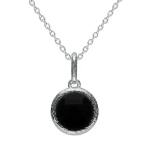 Sterling Silver Whitby Jet Round Stone Brushed Edge Necklace