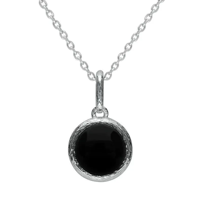 Sterling Silver Whitby Jet Round Stone Brushed Edge Necklace