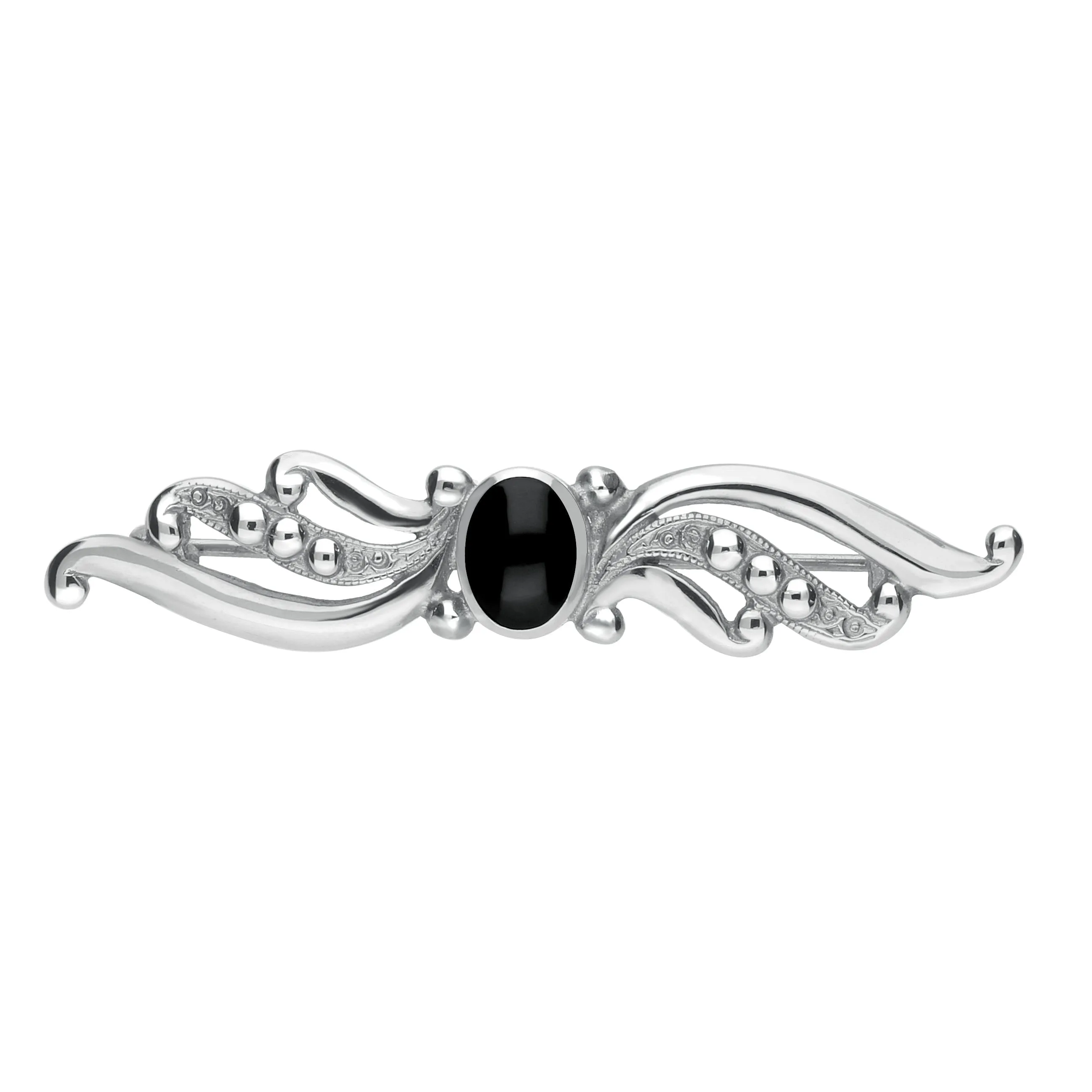 Sterling Silver Whitby Jet Scroll Bead Brooch