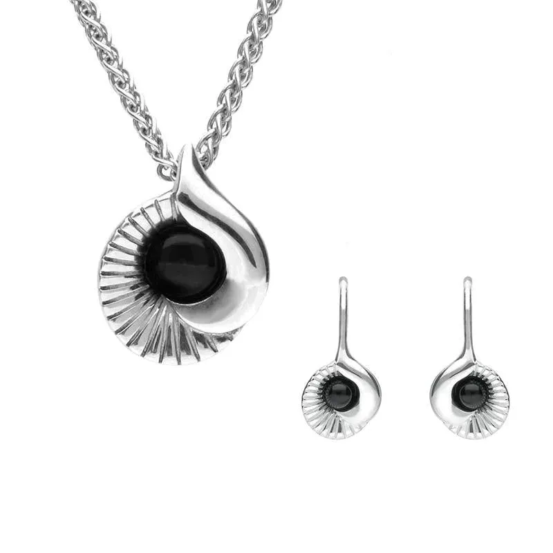 Sterling Silver Whitby Jet Seashell Two Piece Set