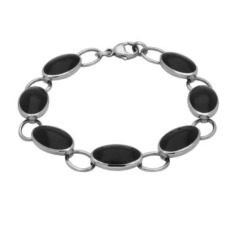 Sterling Silver Whitby Jet Seven Stone Oval Bracelet