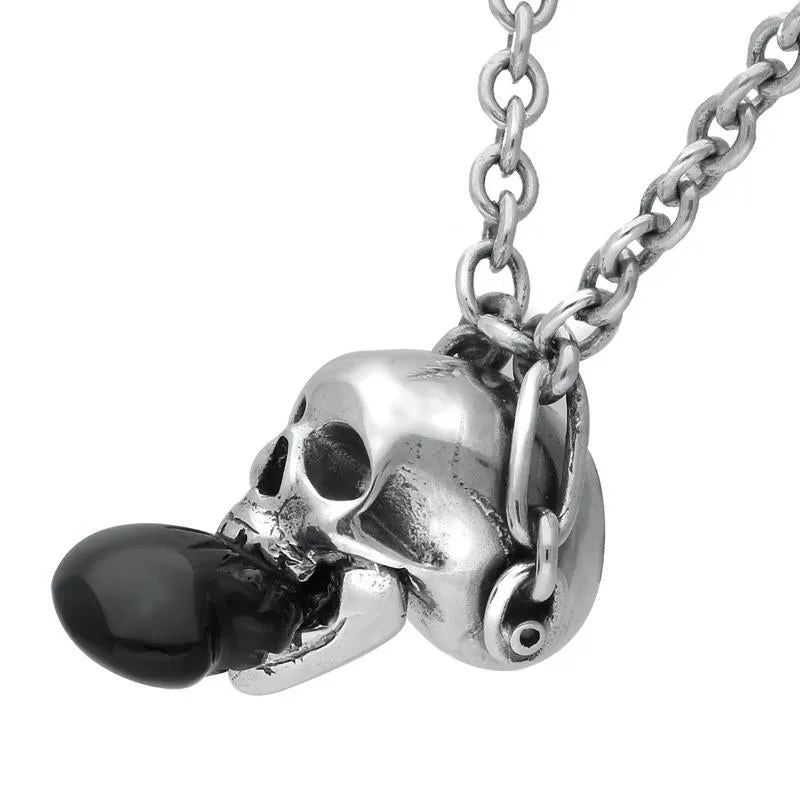 Sterling Silver Whitby Jet Skull Biting Heart Necklace