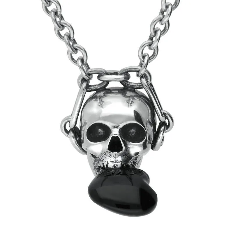 Sterling Silver Whitby Jet Skull Biting Heart Necklace