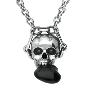 Sterling Silver Whitby Jet Skull Biting Heart Necklace