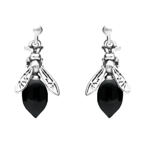 Sterling Silver Whitby Jet Small Bee Drop Earrings
