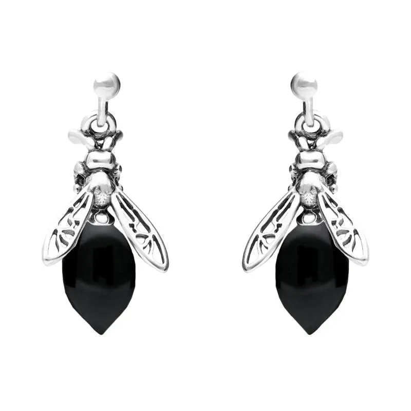 Sterling Silver Whitby Jet Small Bee Drop Earrings
