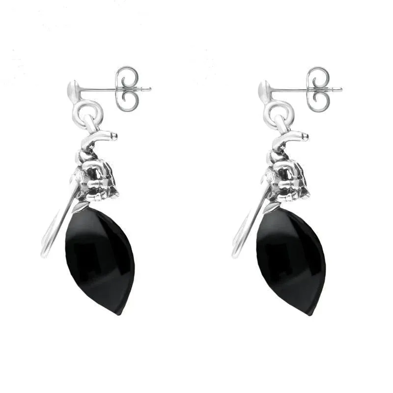 Sterling Silver Whitby Jet Small Bee Drop Earrings