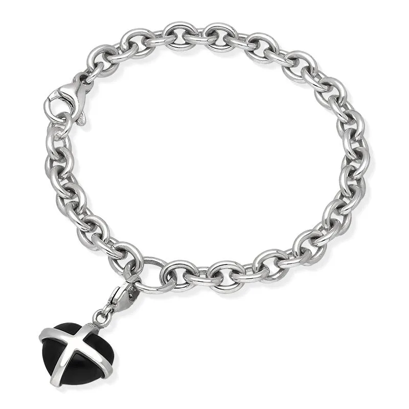 Sterling Silver Whitby Jet Small Cross Heart Charm Bracelet D