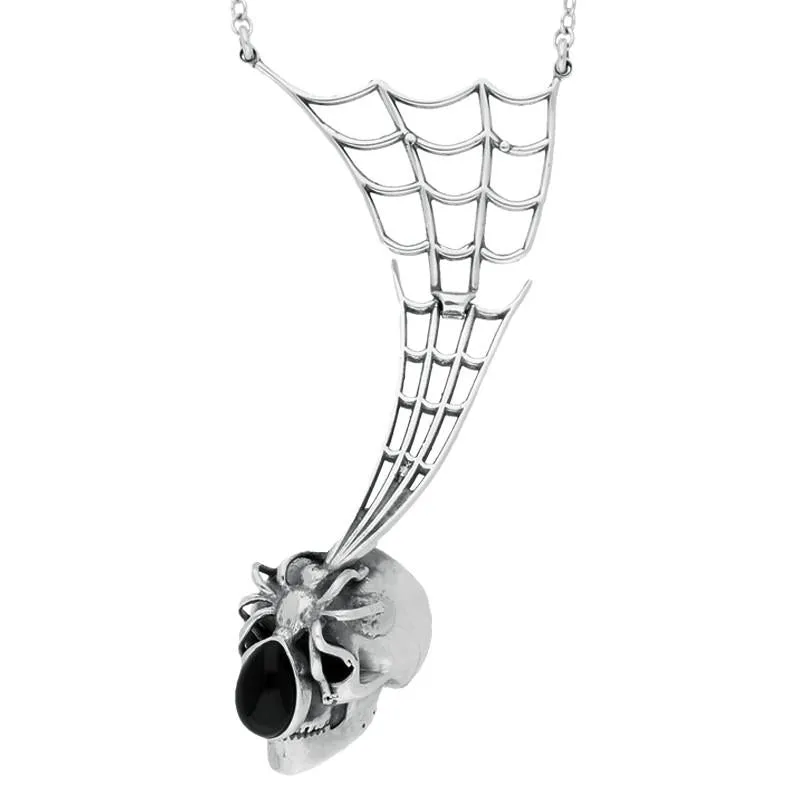 Sterling Silver Whitby Jet Spider Web Skull Necklace