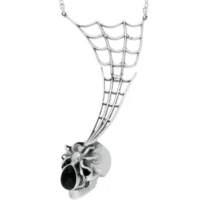 Sterling Silver Whitby Jet Spider Web Skull Necklace