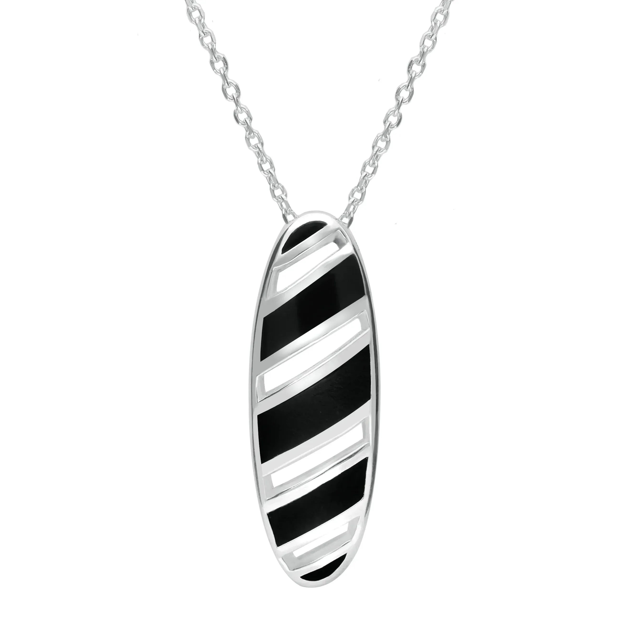 Sterling Silver Whitby Jet Striped Open Oval Necklace D