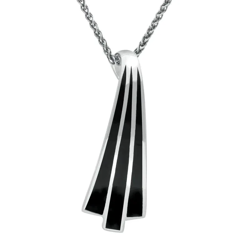 Sterling Silver Whitby Jet Three Stone Long Curved Necklace D