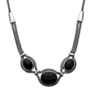 Sterling Silver Whitby Jet Three Stone Oval Foxtail Necklace D