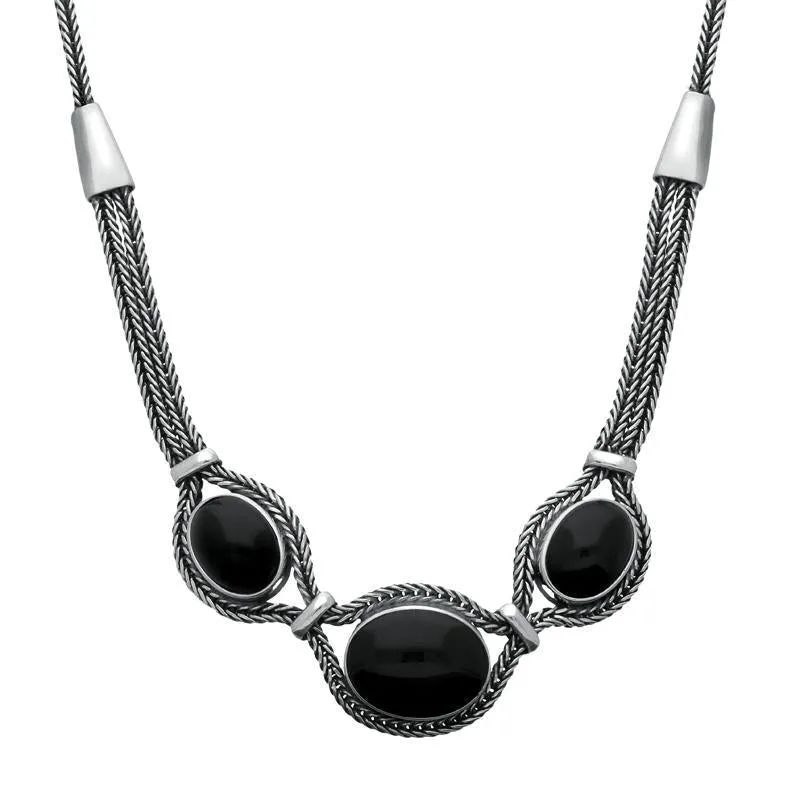 Sterling Silver Whitby Jet Three Stone Oval Foxtail Necklace D