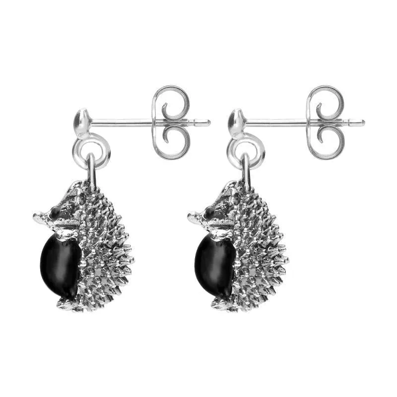 Sterling Silver Whitby Jet Tiny Hedgehog Drop Earrings