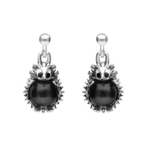 Sterling Silver Whitby Jet Tiny Hedgehog Drop Earrings