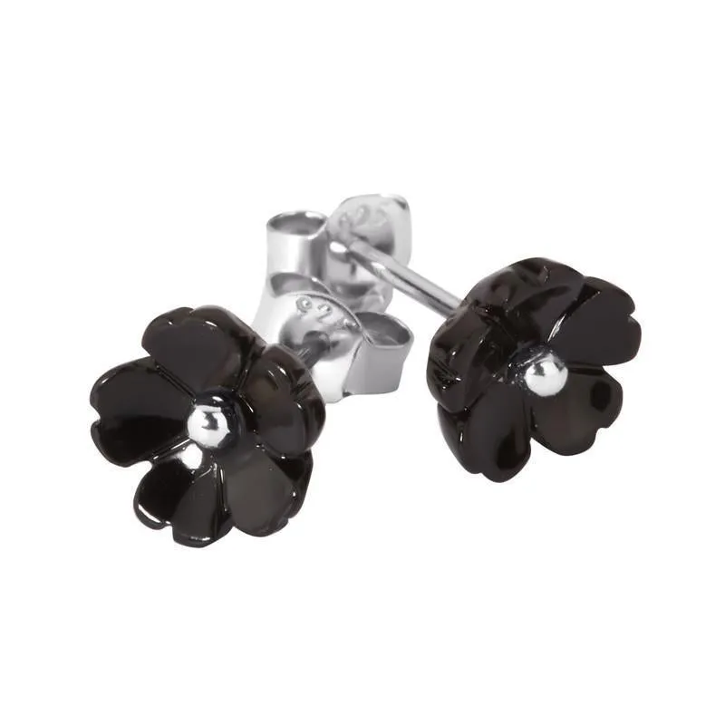 Sterling Silver Whitby Jet Tuberose 8mm Flower Stud Earrings