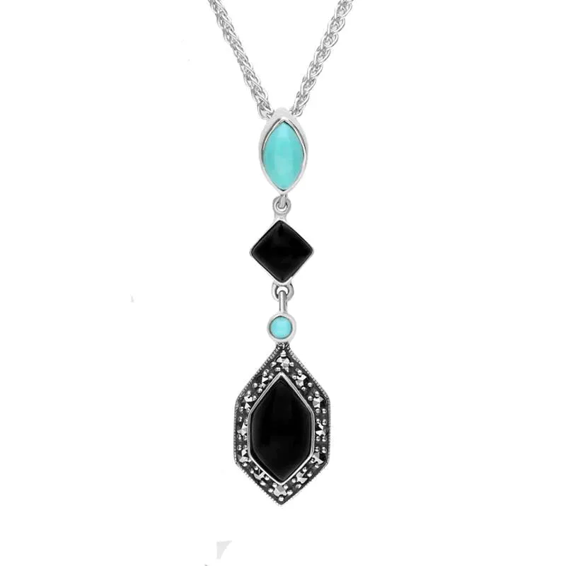 Sterling Silver Whitby Jet Turquoise and Marcasite Framed Necklace