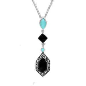 Sterling Silver Whitby Jet Turquoise and Marcasite Framed Necklace