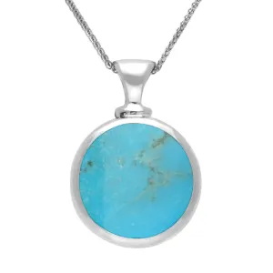 Sterling Silver Whitby Jet Turquoise Double Sided Round Dinky Fob Necklace