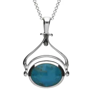Sterling Silver Whitby Jet Turquoise Oval Space Swivel Fob Necklace