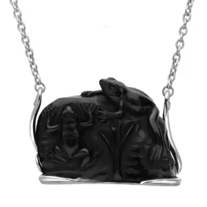 Sterling Silver Whitby Jet Two Carved Frogs Necklace