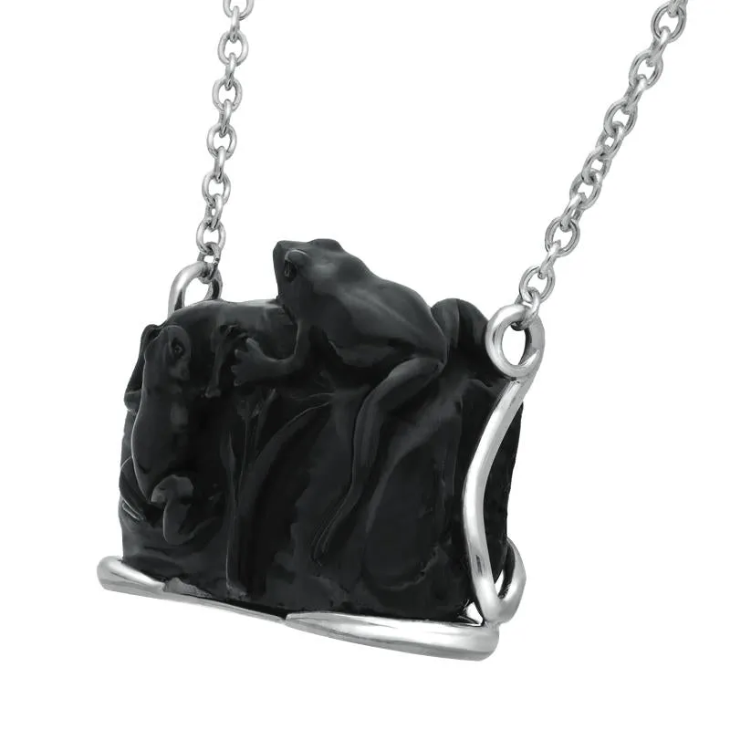 Sterling Silver Whitby Jet Two Carved Frogs Necklace
