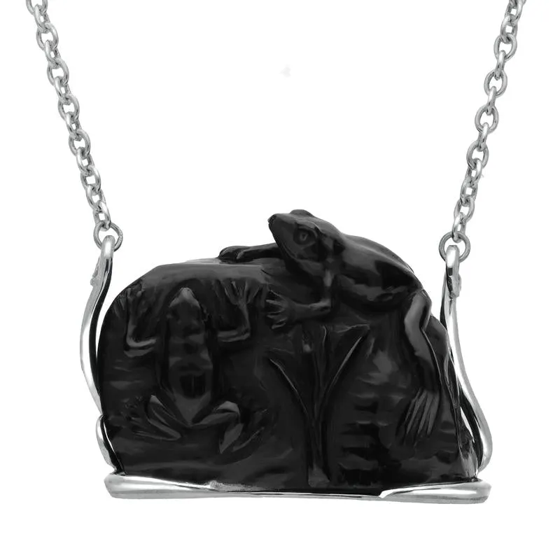 Sterling Silver Whitby Jet Two Carved Frogs Necklace