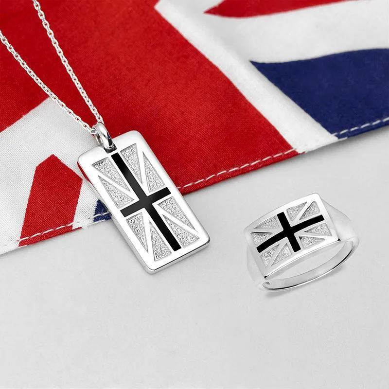 Sterling Silver Whitby Jet Union Jack Pendant Necklace