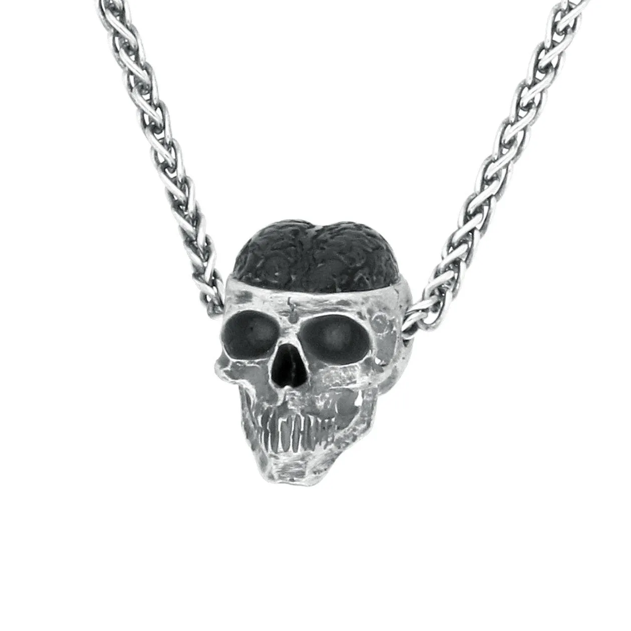 Sterling Silver Whitby Jet Unique Skull Brain Necklace