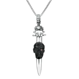 Sterling Silver Whitby Jet Unique Skull With Blade Necklace
